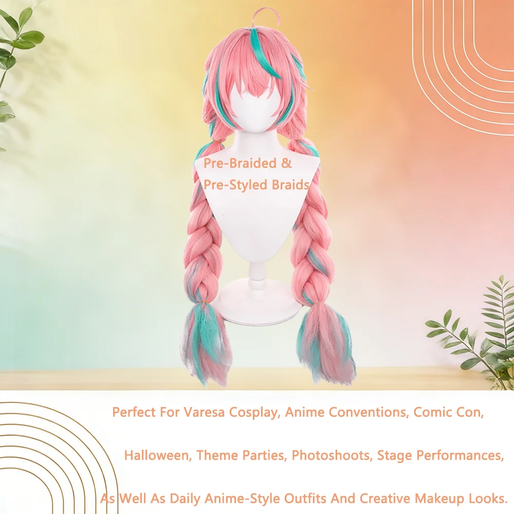 

Varesa Cosplay Wig Pink Green Highlights Long Double Braided Heat Resistant Synthetic Anime Wig For Halloween Comic Con Daily