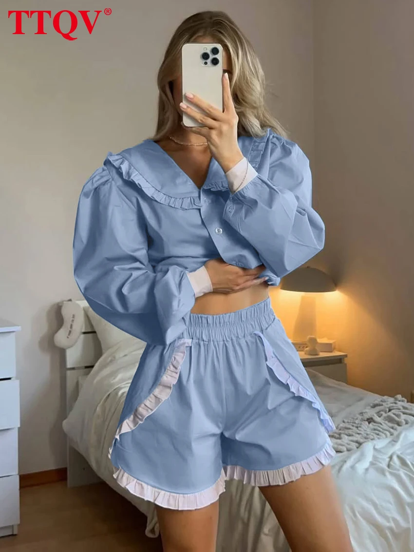 

TTQV Fashion Blue Cotton Shorts Sets Woman 2 Pieces 2026 Elegant Long Sleeve Shirt With High Waist Shorts Set Female Clothing