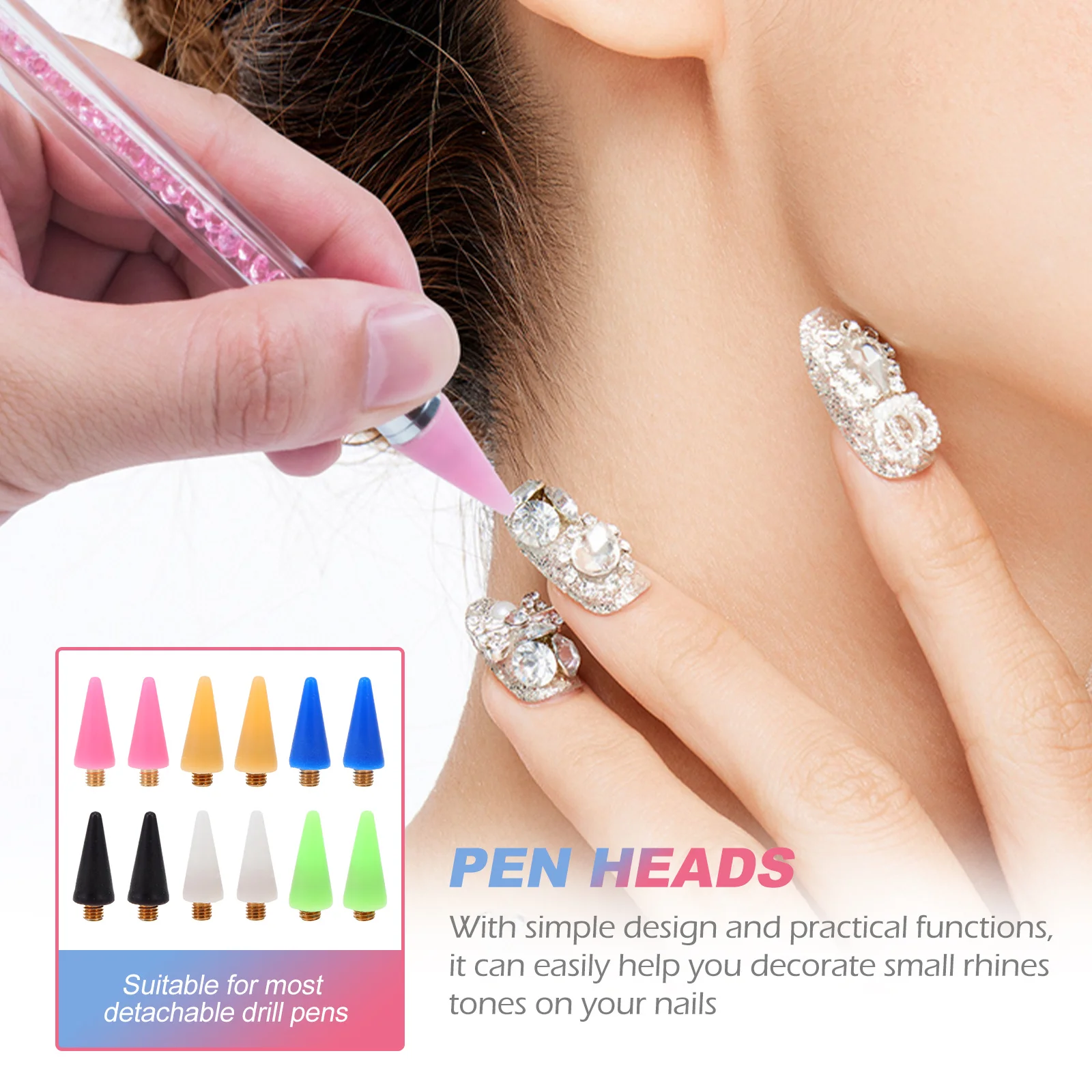 12Pcs Nail Dotting Pen Tips Wax Heads Gentle Safe Material Easy to Replace Rhinestone Picker Manicure DIY Nail Art Tool