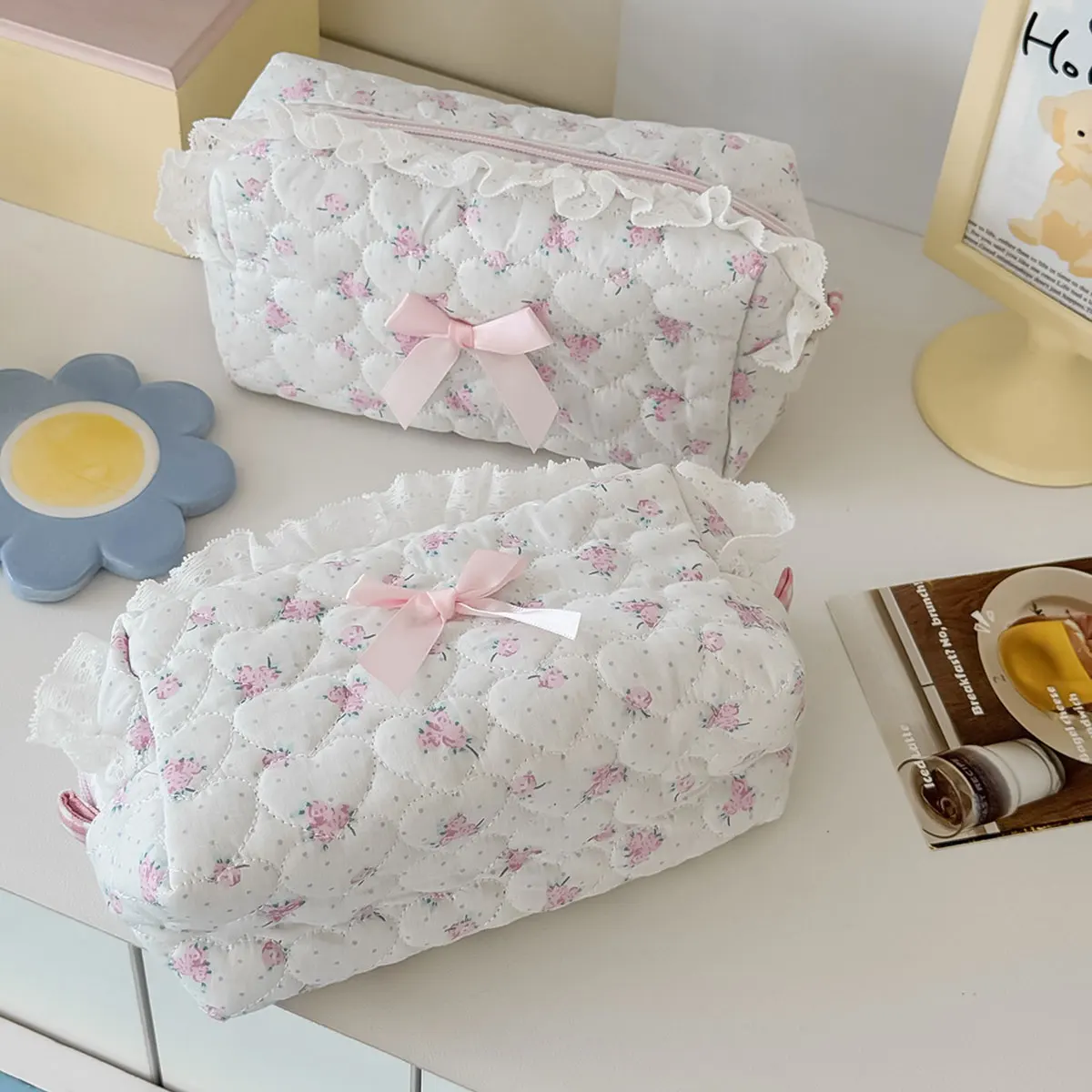Pink Flower Women Lace Small Makeup Bag Travel Organizer Cosmetic Coins Handbag Pouch Gilrs Cute Bow Square Zipper Wallet Bags