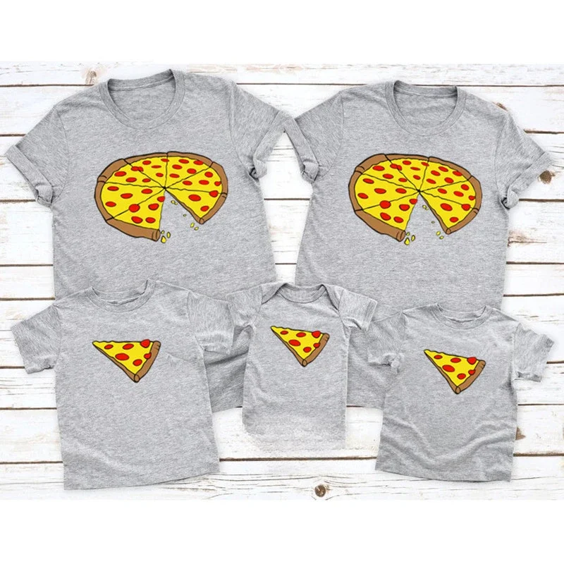 Funny Pizza and Pizza Slice Print Family Matching Shirts Cotton Dad and Daughter Son Kids Tshirts Baby Rompers Father\'s Day Gift