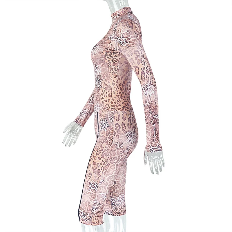OMSJ Street Nightclub Style Women's Leopard Printed Matching 2-Piece Outfit Long Sleeve Half High Neck T-shirt+Knee Length Pants