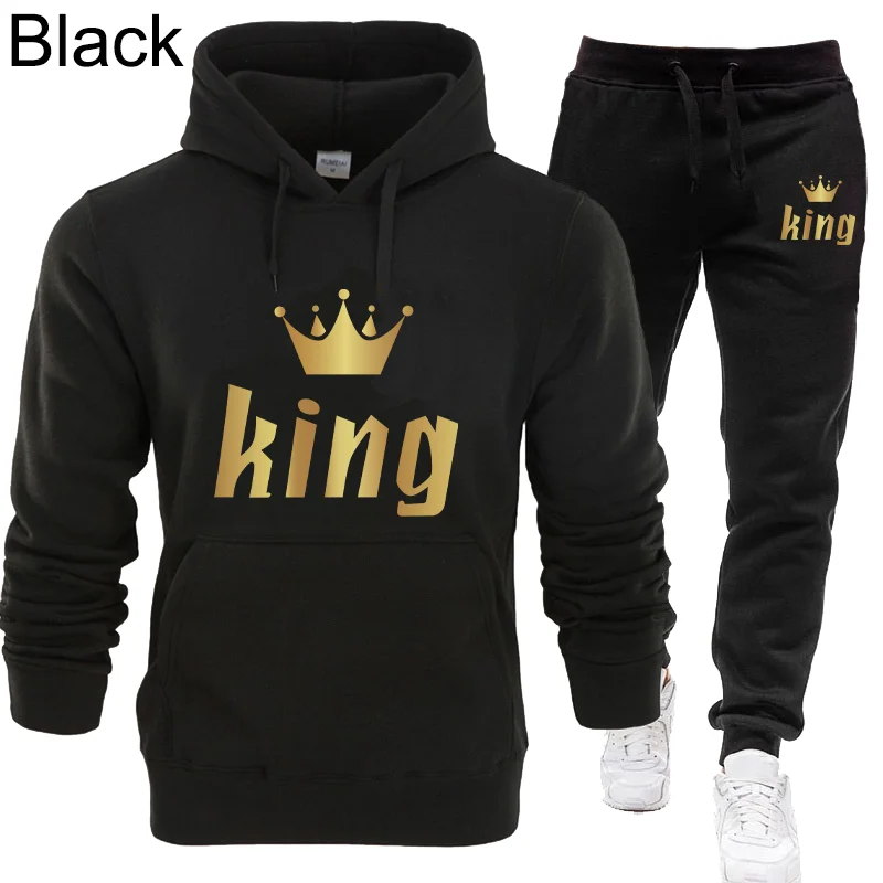 King and Queen Print Couple Fashion Hoodie Set Hoodie+Two Pants
