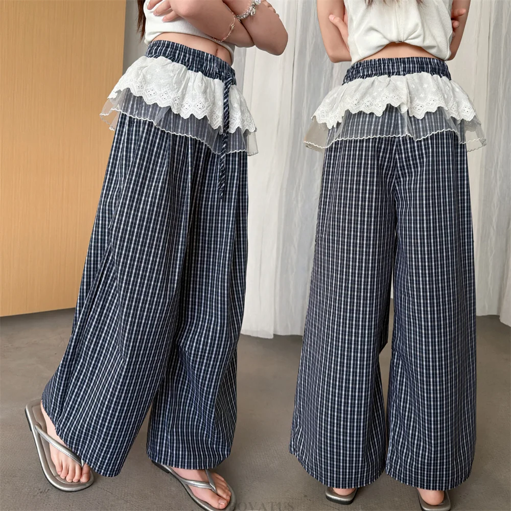 Spring Autumn Style Kids Children Wide Leg Plaid Pants with Lace Flap for Teen Girls Loose Straight Streetwear Trousers 5-14 Yrs