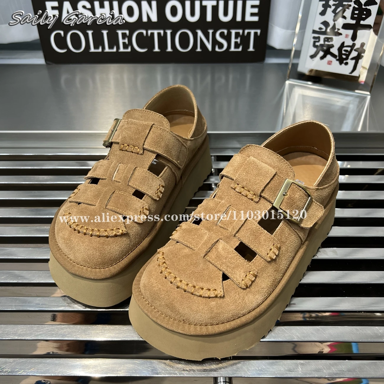 Sandalias de suela gruesa con correa de hebilla hueca de ante de vaca, zapatos informales Retro, zapatos de plataforma de punta redonda, Sandalias planas de estilo romano, novedad de verano 2024