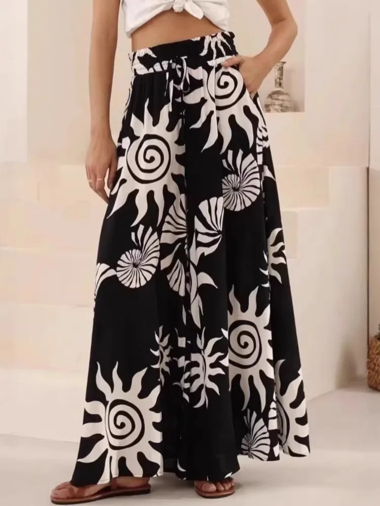 レディース ボヘミアン パラッツォパンツ ワイドレッグ ヨガ ラップタイアップ ウエストバンド ビーチカバーアップ トラウザーズ ソフトで通気性のあるルーズパンツ 2026年夏