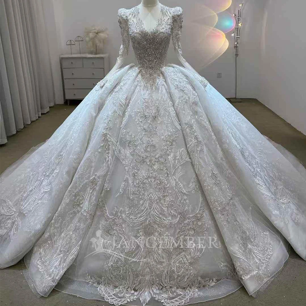 V Neck Royal Wedding Dresses Organza Long Sleeves Bridal Gown Tailor Made Women Wedding Dress Vestido De Novia Customized