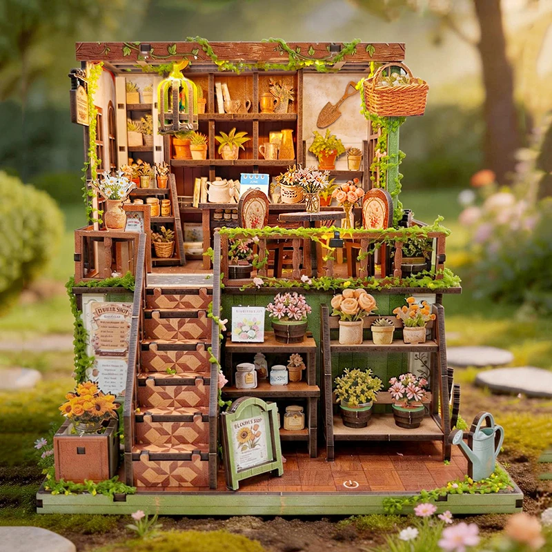 DIY Wooden The Green Field Florist Cottage Figurines Miniatures Kits Mini Casa for Friends Christmas Gifts Home Decor Crafts