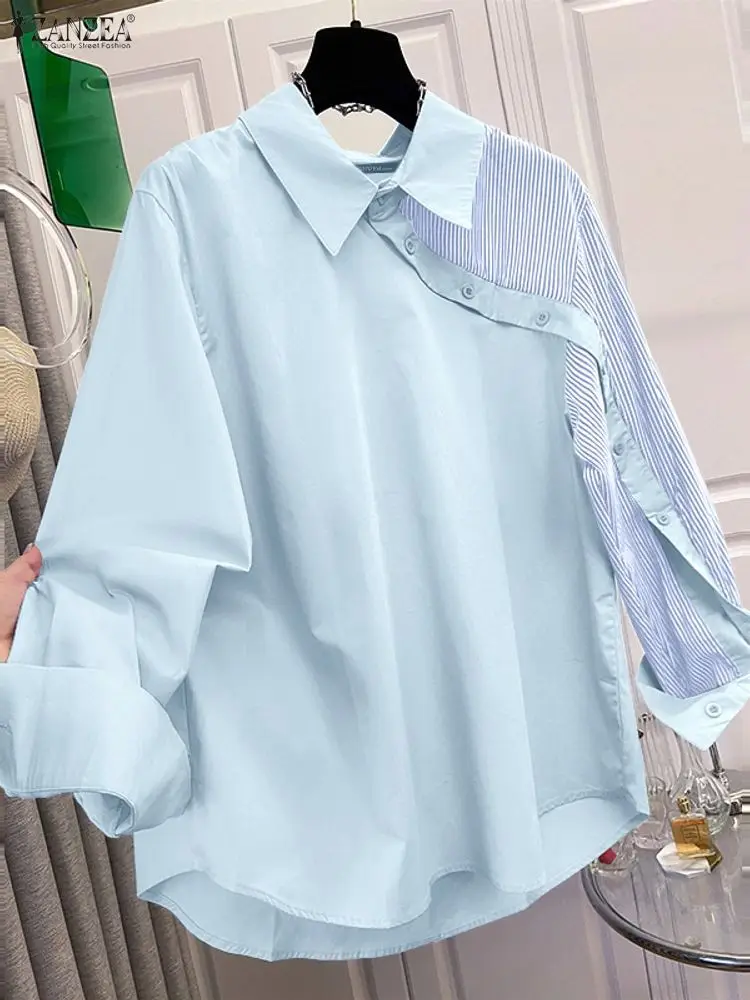 

ZANZEA Women Shirt Trend 2025 Autumn Striped Patchwork Blouse Elegant Lapel Long Sleeve Work Tops Irregualr Buttons Down Blusas