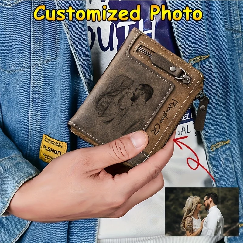 Personalisierte Foto-Geldbörse für Herren, Retro-Kurzgeldbörse mit graviertem Bild, Reißverschluss, PU-Leder, Münzgeldbörse, hochwertiger Kreditkartenhalter, ideales Geschenk – Detail 3