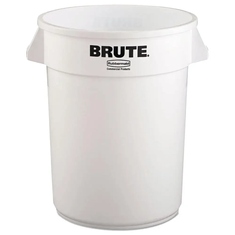 32 gal Plastic Round Brute Container Venting Channels Integrated Cinches Reinforced Base Stackable Design White Touchless