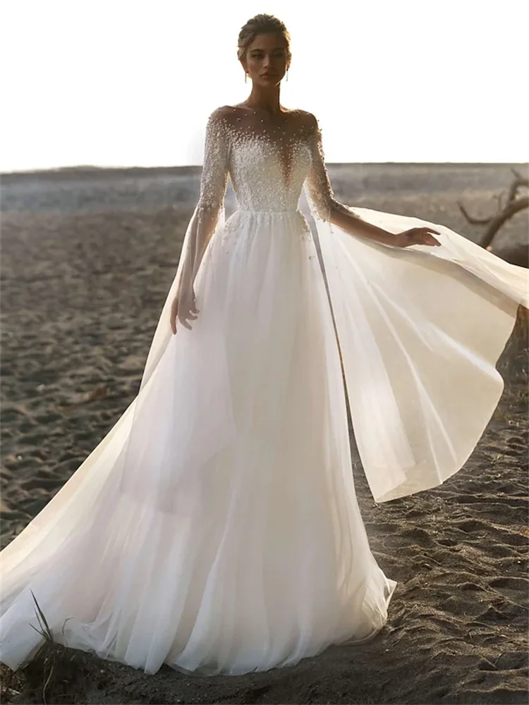 

Beach Boho Wedding Dresses Court Train Sheath / Column Sleeveless Illusion Neck Tulle With Beading Appliques 2023 Bridal Gowns