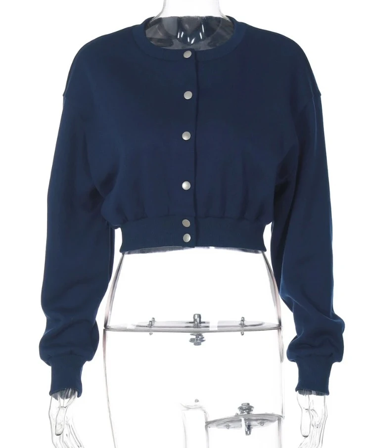 معاطف نسائية كاجوال باللون الأزرق الداكن برقبة دائرية واحدة الصدر سترات قصيرة للخريف والشتاء ملابس الشارع الشهير #5