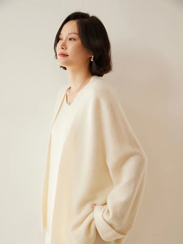 Women Warm Soft Cardigan Autumn Winter Temperament Long Sleeves 100% Cashmere Sweater Casual Loose Solid Korean Style Tops