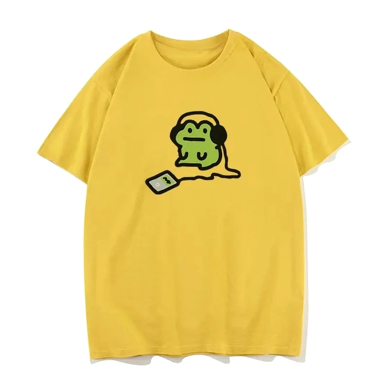 Little Green Frog Listening To Song Printed Men's and Women's Personalized Casual Y2k T-shirt Fashion Trend Top Feminine Clothes