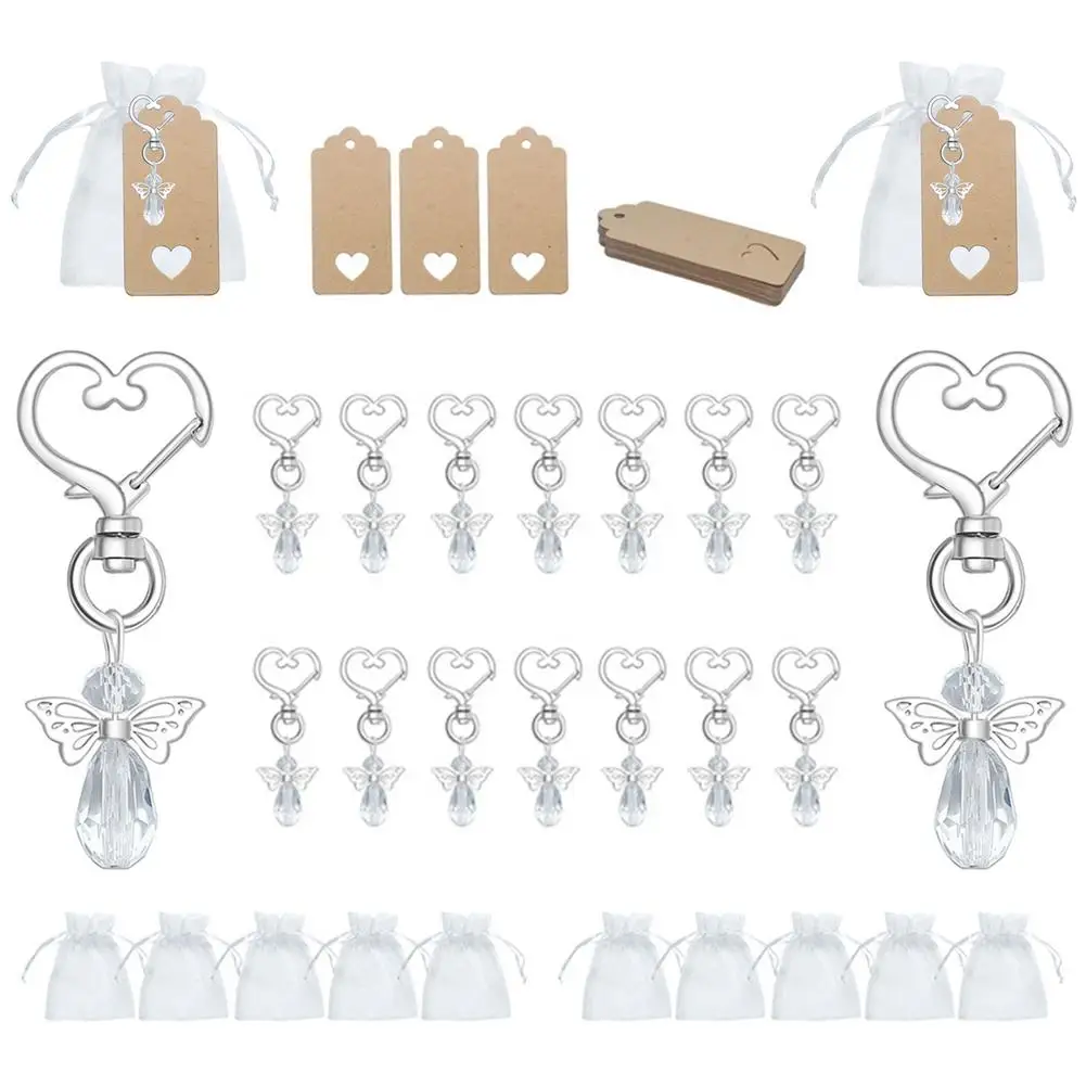 30 Set Guardian Angel Pendant With Angel Keychains Organza Bags Kraft Paper Labels For Baby Shower Party Wedding Gender Reveals