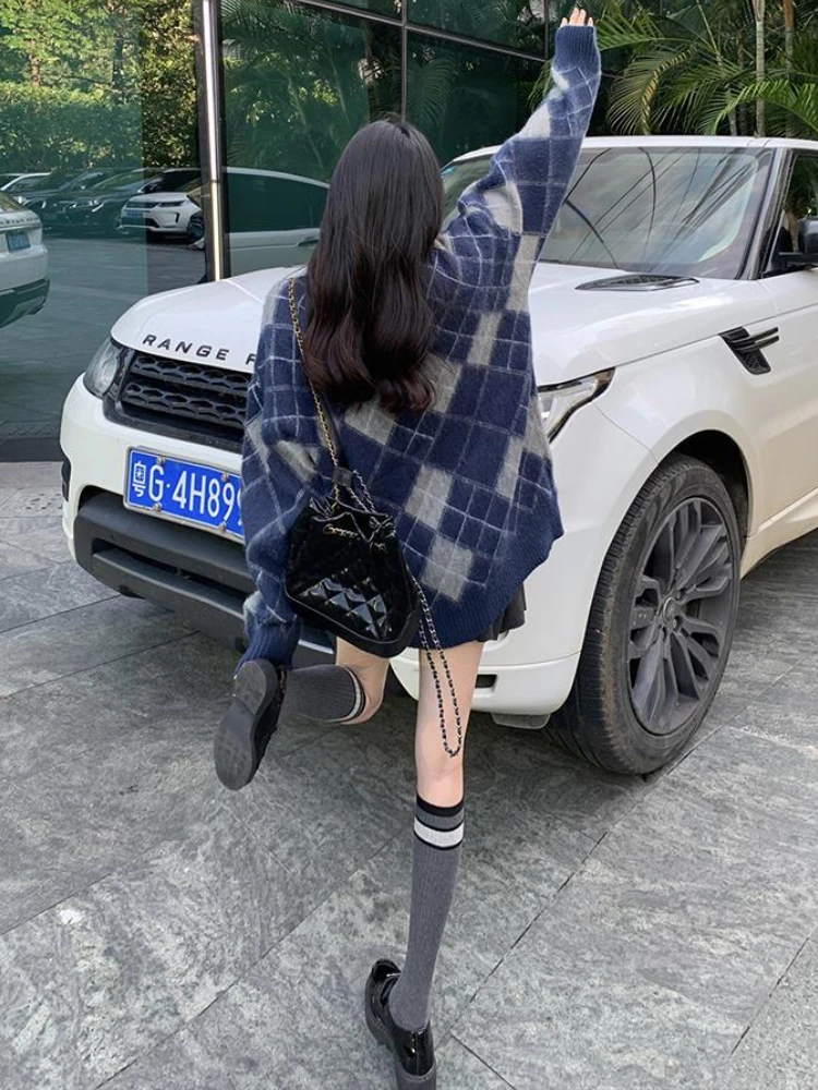 Preppy Style Knitted Cardigans Women Argyle Panelled Vintage Hotsweet Schoolgirls Ins Chic Streetwear Ulzzang Fashion Sweaters