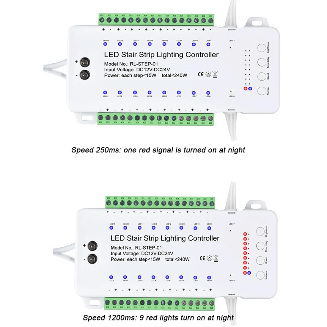 Dimmable Stair LED Controller 16 Channels Dual PIR Motion Sensor Step Light Strip Staircase Controler for Lamp Strip(A)