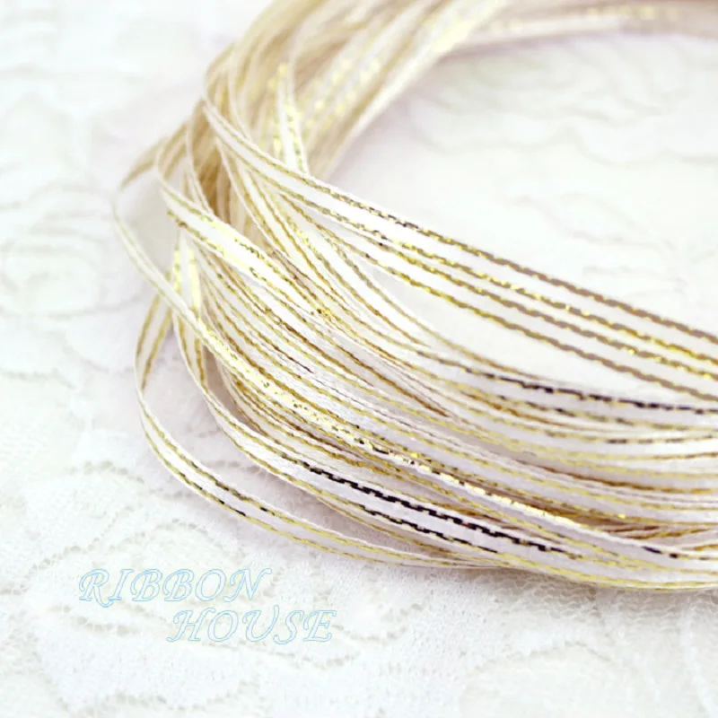 (25 yards/lot) Cream White Gold Ribbon high quality satin ribbons gift packaging
