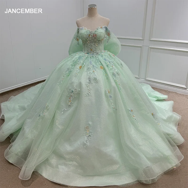 

Зеленое платье Quinceanera, вечернее бальное платье с бисером, халат невесты, свадебные платья с круглым вырезом и аппликацией, платье de 15, quinceañera