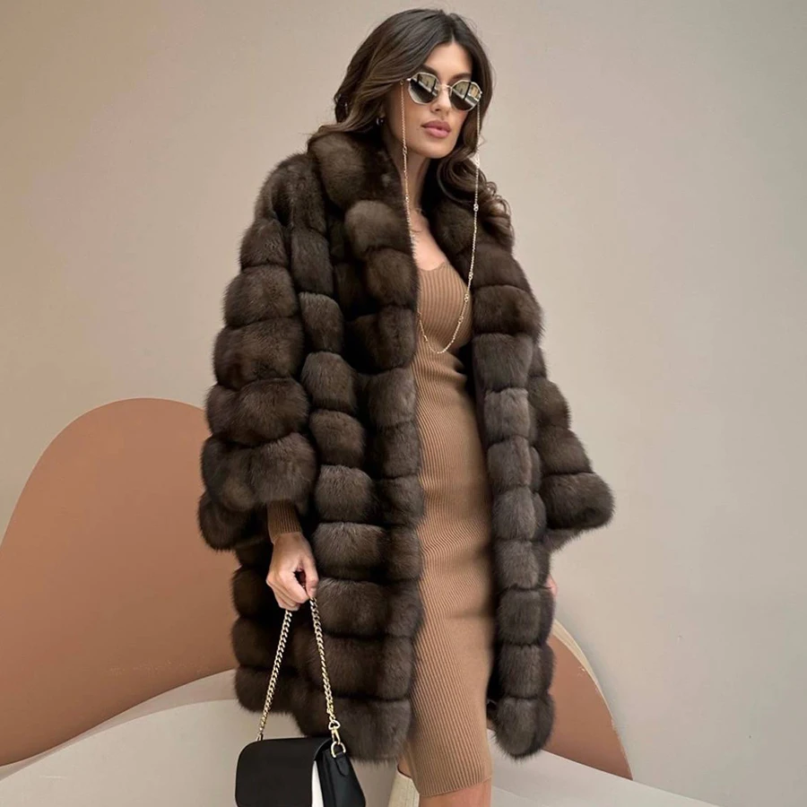 Casaco Real Fox Fur para mulheres, casaco de inverno luxuoso, quente, comprimento médio, pele natural, lapela, 2023