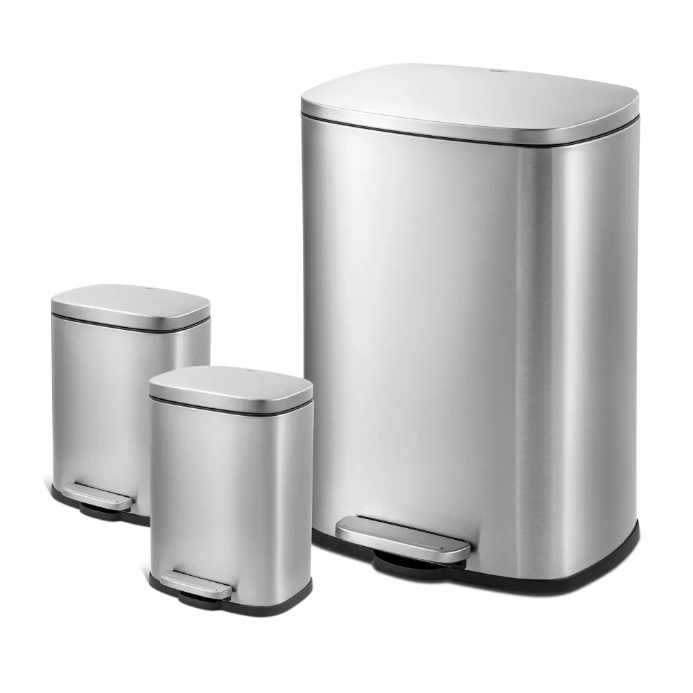 Rectangular Step Garbage Can 3 Piece Combo, 13.2 Gal , Two 1.3 Gal, Stainless Steel,17.00 X 14.76 X 24.41 Inches