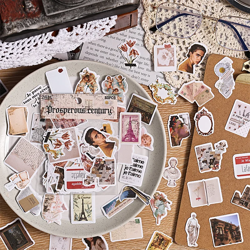 1Pc/50pcs Vintage Recycling Collection Stickers Pack Food & Coffee Themed DIY Scrapbook & Handbook Aesthetic Stationery Supplies