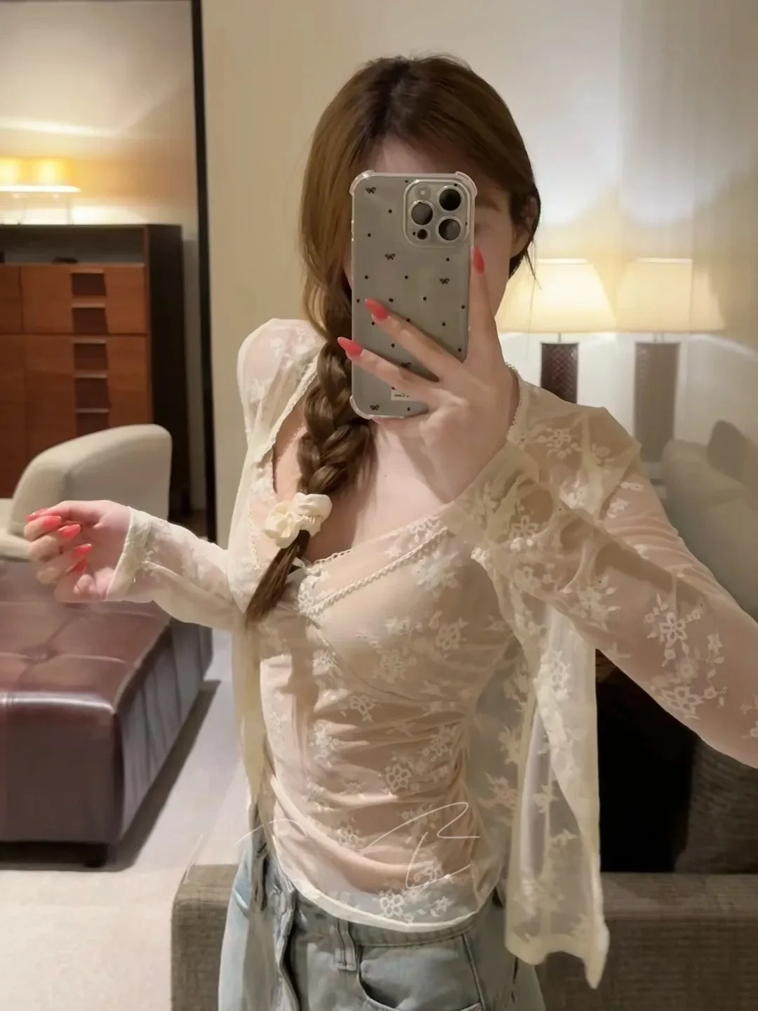 

Sun Protection Long Sleeve Embroidered Net Cardigan Sexy Strapless Vest Versatile Age Reduction Set for Young Girls