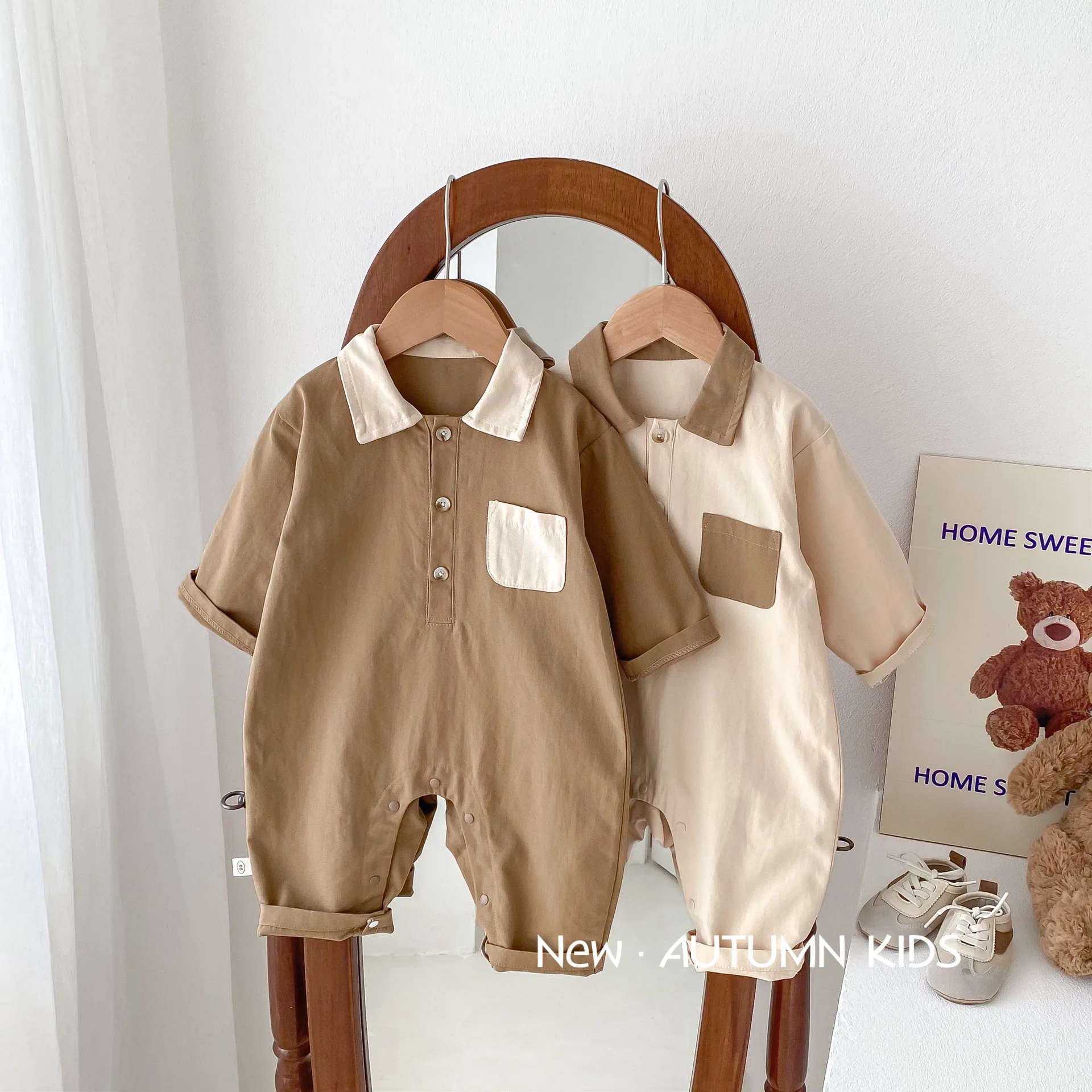 2023 Infant Cotton Romper Baby Boy Solid Patches Jumpsuit Newborn Long Sleeve Cute Bear Romper Toddler Girl Clothes for 0-2Y