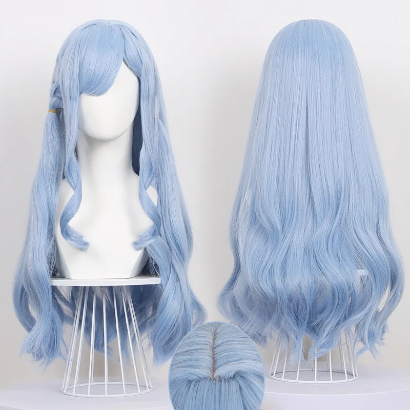 Fukawa Shoko Cosplay Wig Light Blue Long Wavy Curly Synthetic Hair for Halloween Party +Free Wig Cap