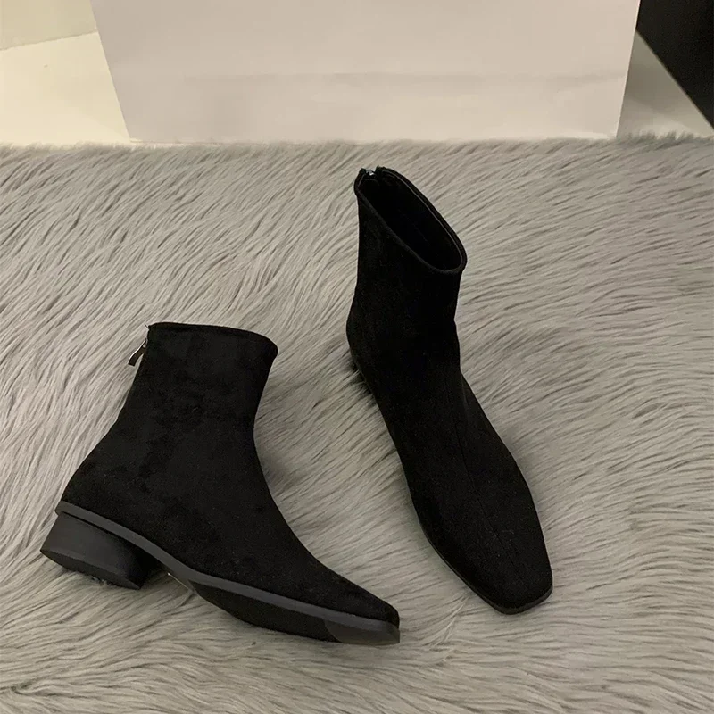 Street Style Women Ankle Boots Fashion Elegant Zippers Shoes Autumn Winter Square Heel Laides Stretch Modern Short Booties