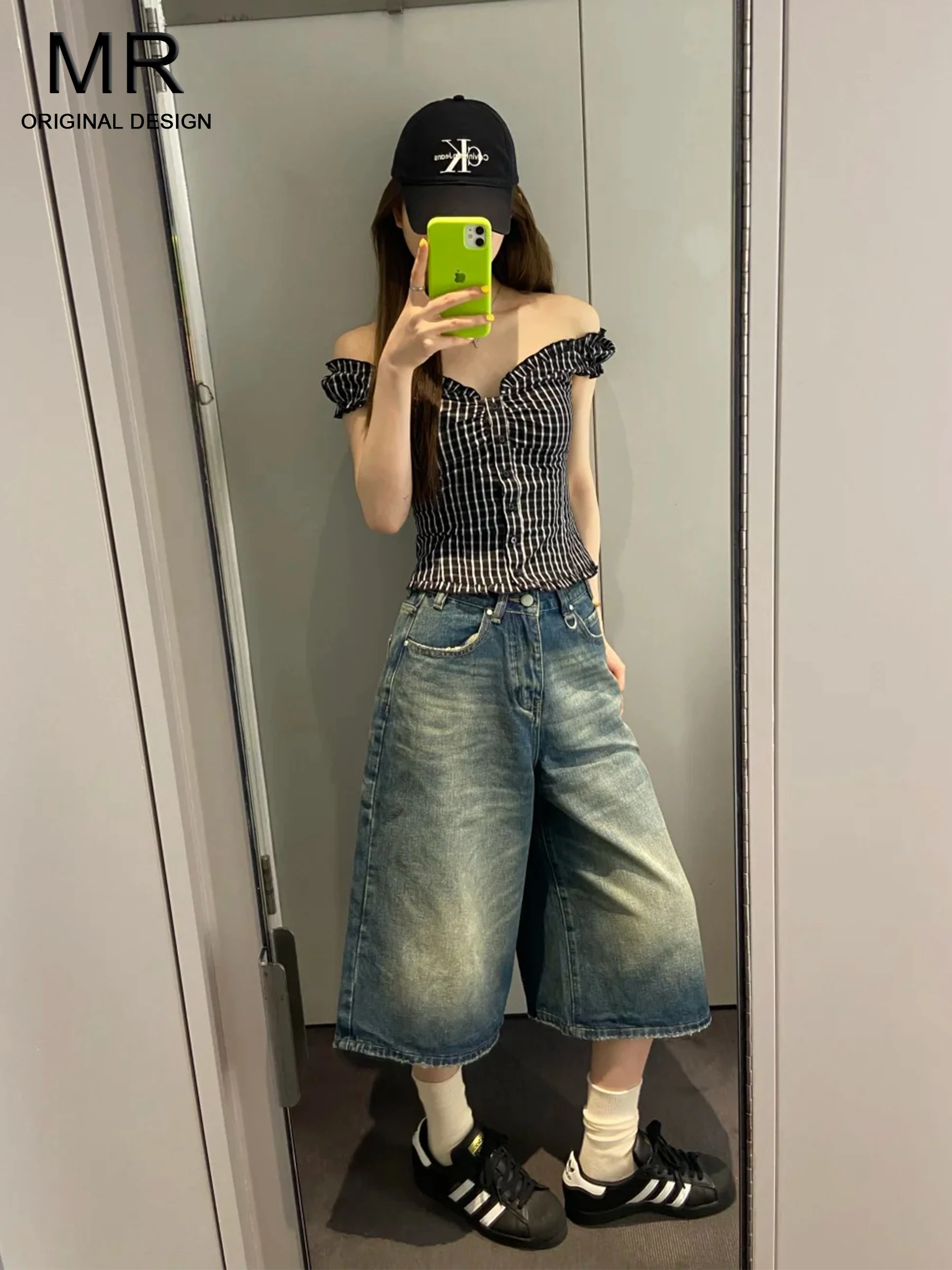 

Retro American Blue Denim Wide Leg Pants Women's Summer Slimming Loose High Waist Casual Jeans Distressed Button Fly