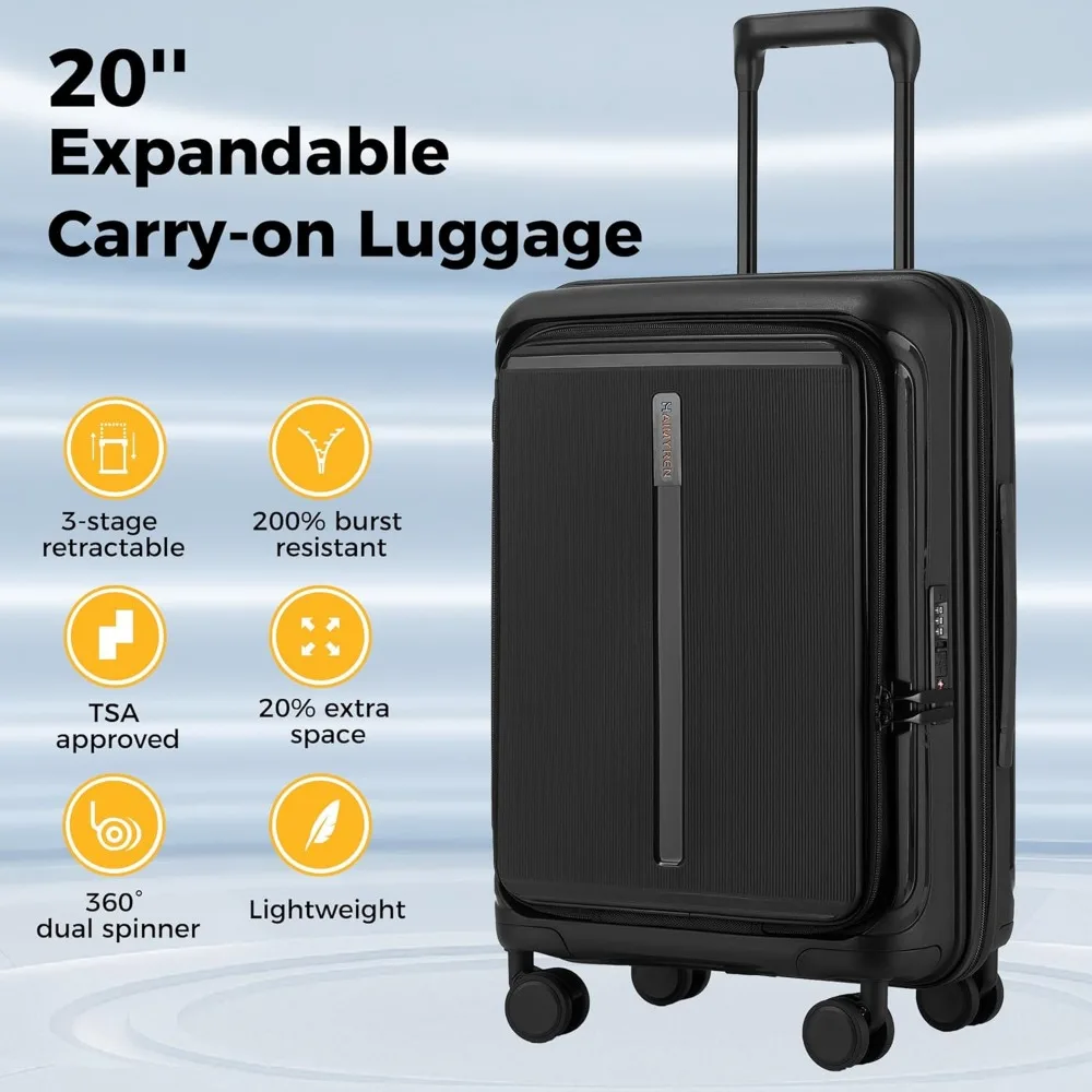 Front-Opening Expandable Hardshell Spinner Luggage, 22x14x9 Airline Approved, TSA Lock, Carry-On Suitcase with Wheels
