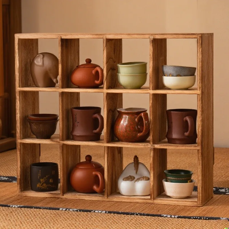 Tea Pot Display Stand Wall Hanging Wooden Teacup Storage Rack Mark Teaware Cup Figurine Crafts Organizer Retro Desktop Shelf