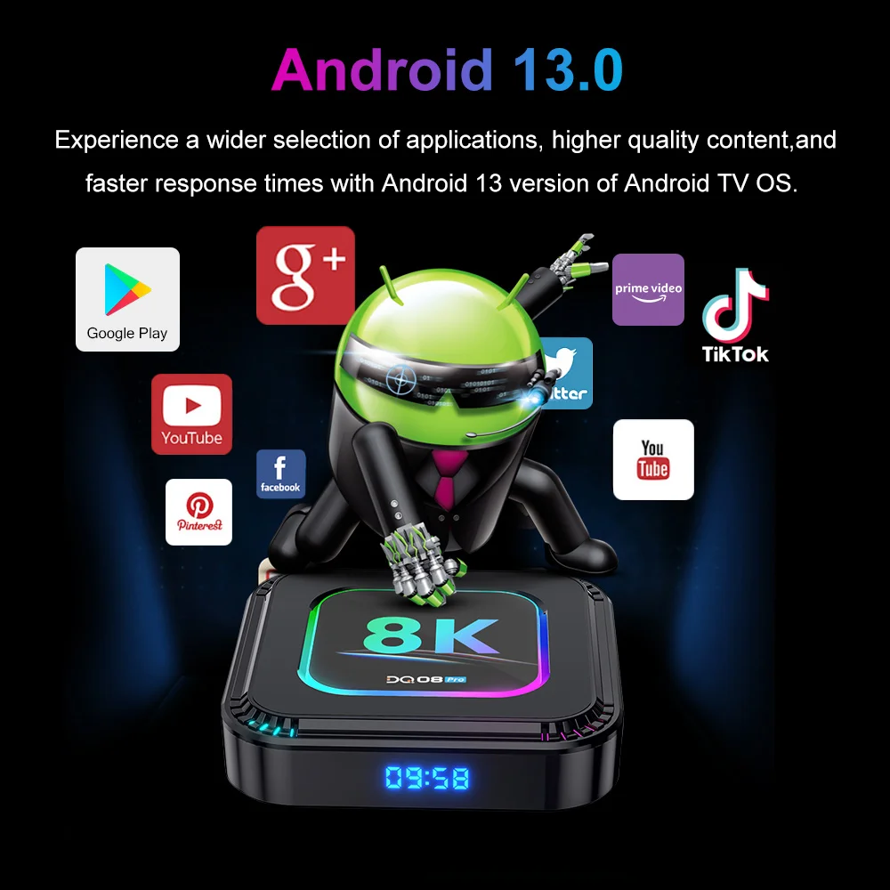 DQ08 Pro RK3528 Android 13 رباعي النواة صندوق التلفزيون الذكي RGB 8K فيديو 4K @ 60fps HDR10 + 2.4&5G Wifi6 BT5.0 Google Voice 2G16G 4G 32G 64G