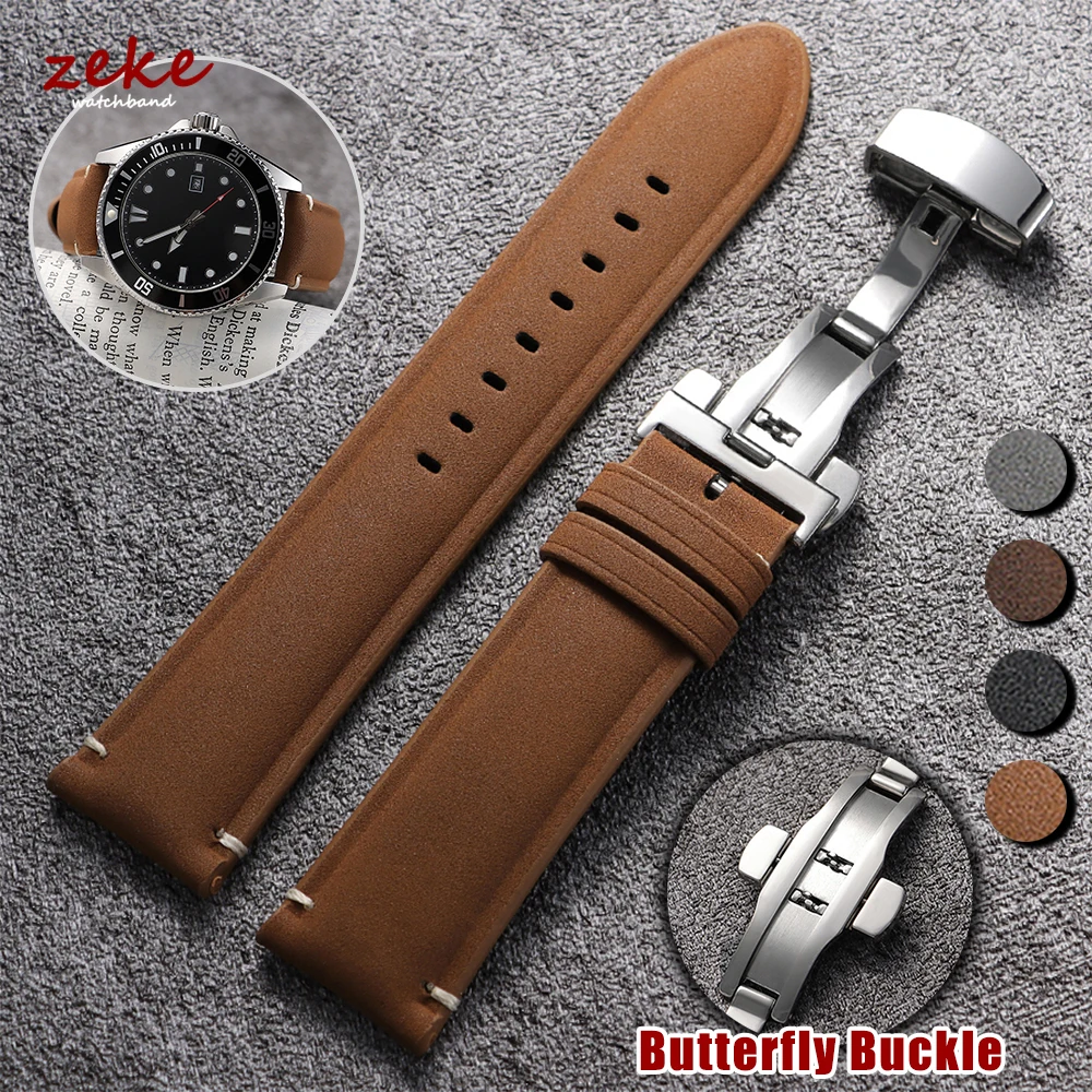 Vintage-Uhrenarmband aus Rindsleder, 20 mm, 22 mm, mattes Lederarmband für Seiko für Omega-Uhrenarmband, Schnellverschluss-Armband mit Schmetterlingsschnalle