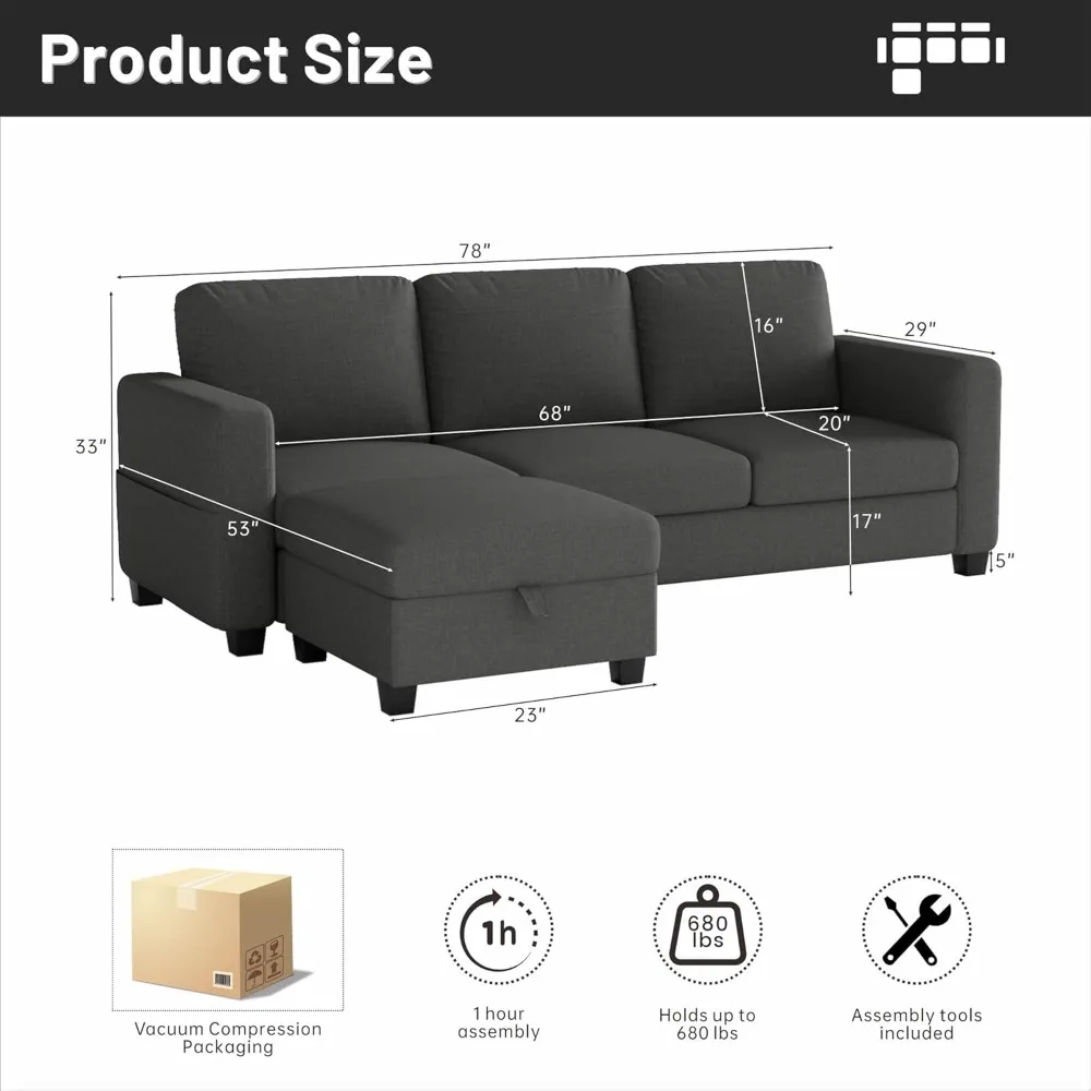 Sectional Sofa and Couches for Living Room - 78''L Shaped Dark Grey Linen Couch-Pet Friendly Modular 3-Seater Convertible Sofas