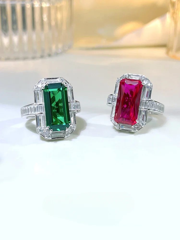 

Light Luxury Rectangular Red Treasure 925 Silver Ring Set with High Carbon Diamond Jadeite High End Banquet Style