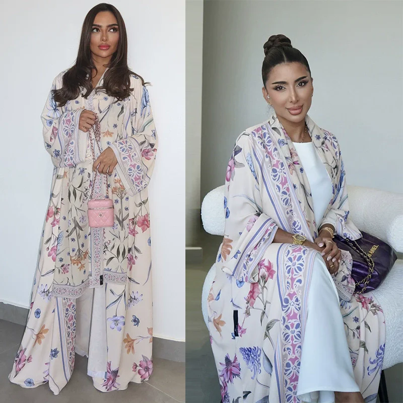 

Ramadan Muslim Fashion Modest Printed Cardigan Robe with Headscarf Two Piece Set Middle East Dubai Abaya Coat Robe
