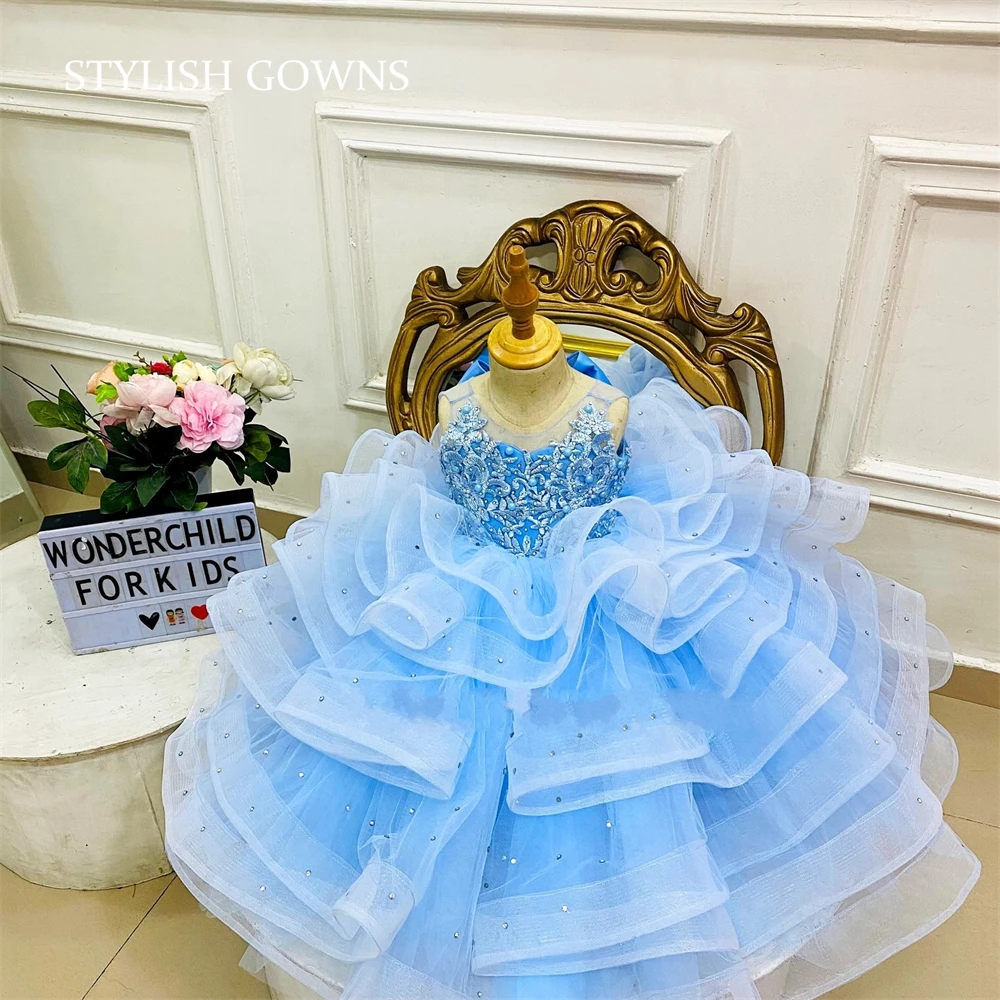 

Blue Bead Crystal Flower Girl Dresses Tiered Beauty Pageant Gowns Photography Bow Children Princess Dress Customized