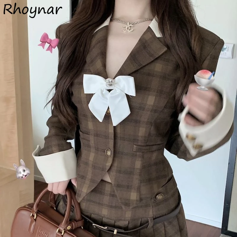 Blazers Women Plaid Single Breasted Vintage Bow Hot-sweet Autumn Patchwork Casual Coats Preppy Style All-match Soft Stylish Chic