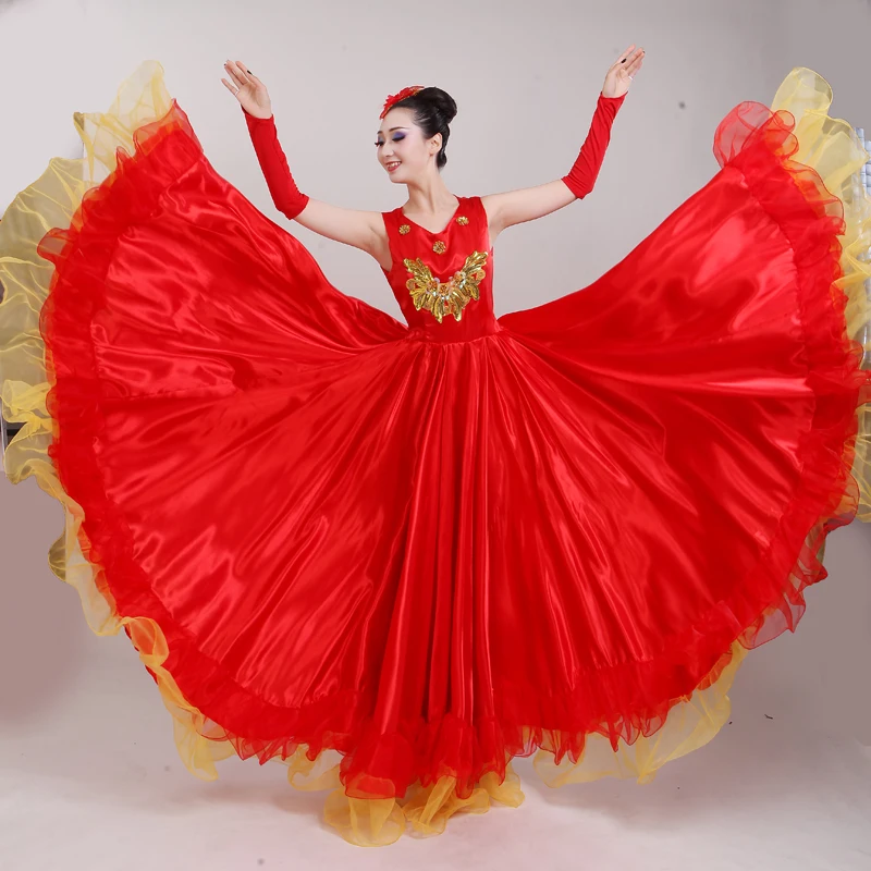 Costume de danse de la nation flamenco espagnole à jupe longue pour femme, robe d'ouverture, costume de performance, chœur sur scène, rouge trempé