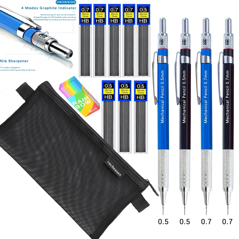 0.5 0.7mm Metal Mechanical Pencils Set With Lead Art Drawing Painting Automatic Pencil School Office Writing Supplies Stationery