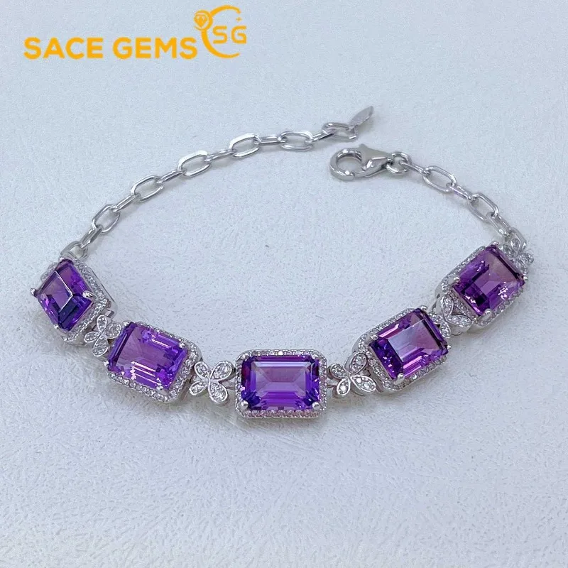 

SACE GEMS New 925 Sterling Silver 7*10MM Natual Amethyst Gemstone Bracelrts for Women Engagement Cocktail Party Fine Jewelry