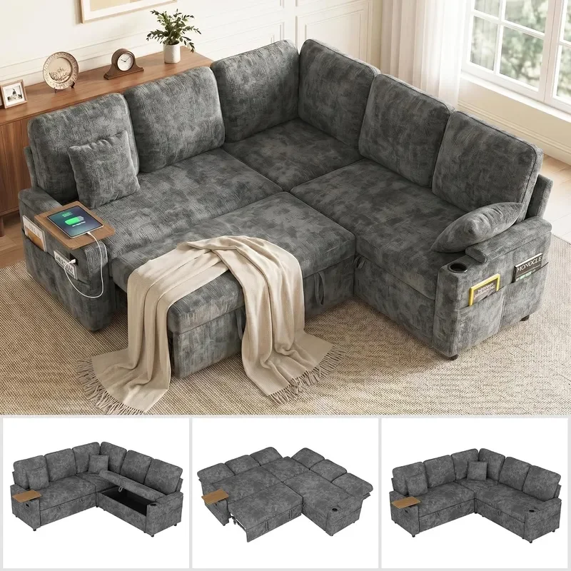 81 Modular Sectional Sofa with Pull Out Bed 5 Seater L Shaped Sleeper Sofa with Adjustable Backrest Side Table USB Charging