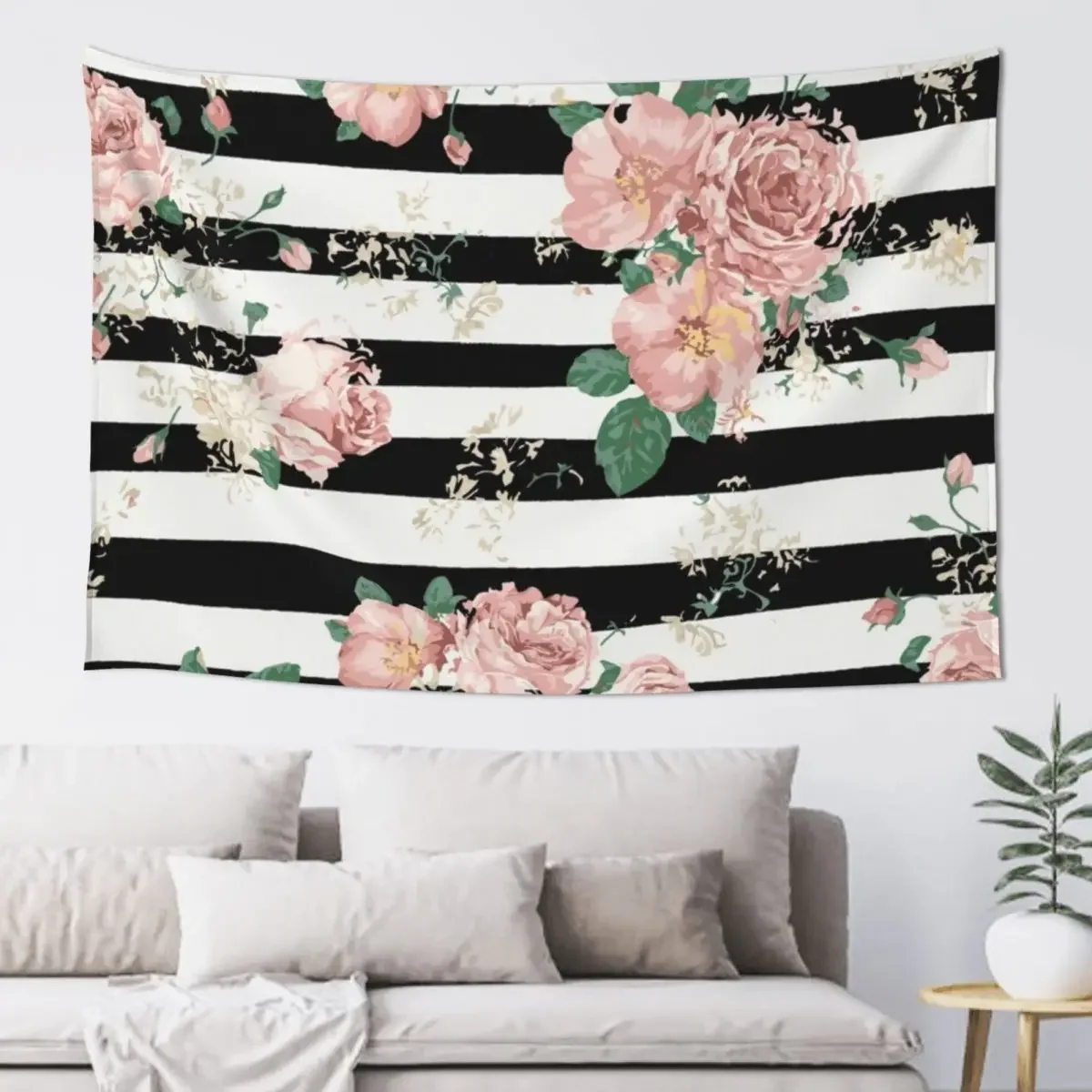 VINTAGE FLORAL ROSES BLACK AND WHITE STRIPES Tapestry Bathroom Decor Outdoor Decoration Tapestry