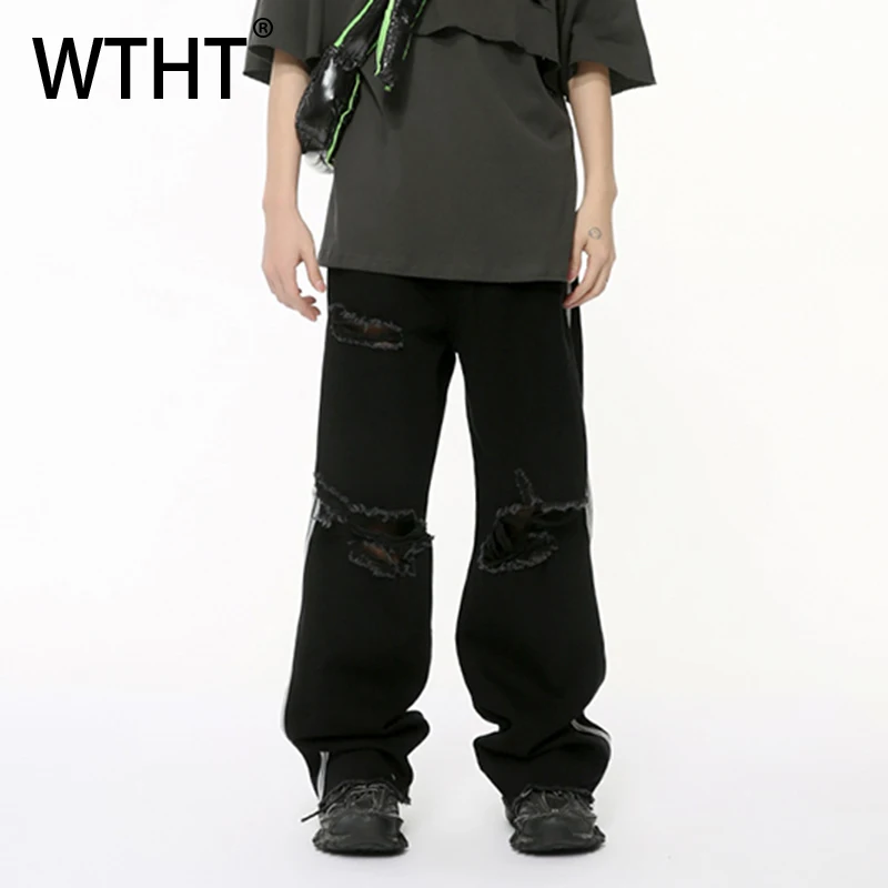 

WTHT Fashion Summer Men's Striped Hole Burr Edge High Street Denim Pants New Trendy Loose Wide Leg Straight Jeans Male 2A0262