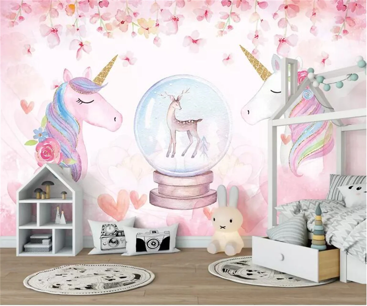 

Customized murals children's room background wall decoration 3D Wallpaper watercolor Unicorn photos mural wallpaper