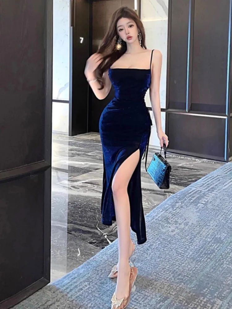 Kimotimo Luxury Shiny Silk Sling Dress Women Sexy Slash Neck Temperament Shirring Split Long Dresses Evening Party Vestidos Ins