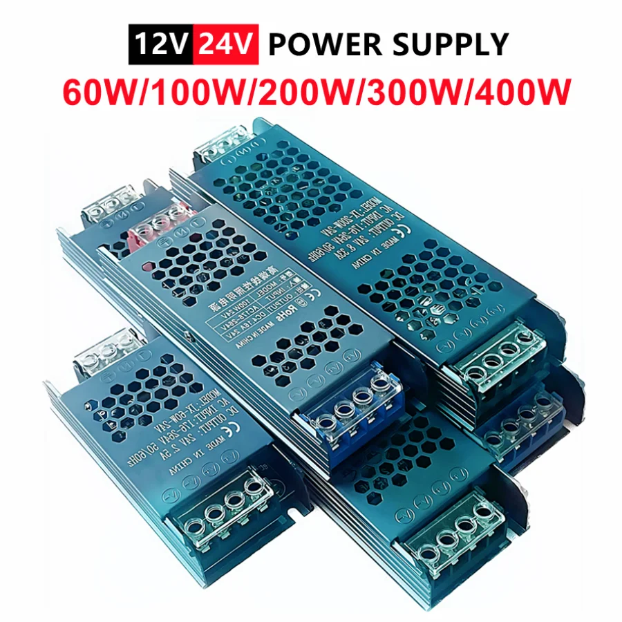 Ultra Thin 12V/24V LED Power Supply Adapter 60W 100W 200W 300W 400W Lighting Transformer 5A 12A  LED Strip Switch Driver Lamp